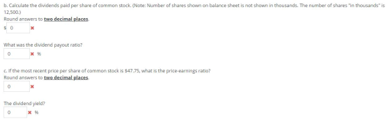 b. Calculate the dividends paid per share of common stock. (Note: Number of shares shown on balance sheet is not shown in tho