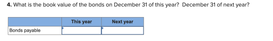 4. What is the book value of the bonds on December 31 of this year? December 31 of next year? This year Next year Bonds payab