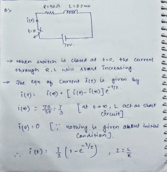 R=302 L=2.2 MH i1t) t=0 ot Tov. Current i (0) + [ilo)- íloo)] et/z. when switch is closed at t=0 the througe R,L will start i