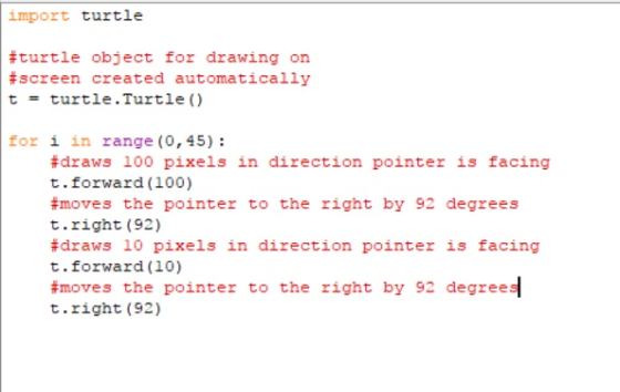 import turtle turtle object for drawing on #screen created automatically t - turtle.Turtle ) for i in range (0,45) #draws 100