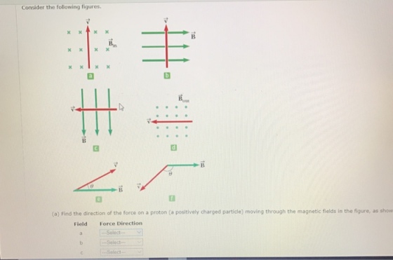 Consider the following figures. (a) Find the direction of the force on a proton (a positively charged partide) moving through the magnetic fields in the figure, as show Field Force Direction Select select