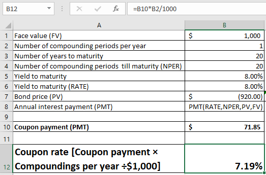 B12 在 -810*82/1000 1 Face value (FV 2 Number of compounding periods per vear 3 Number of vears to maturit 4 Number of compounding periods till maturity (NPER 5 Yield to maturit 6 Yield to maturity (RATE) 7 Bond price (PV 8 Annual interest payment (PMT 1,000 20 20 8.00% 8.00% 920.00 PMT(RATE,NPER,PV,FV 10 Coupon p ent (P 71.85 Coupon rate [Coupon payment x 12 1 Compoundings per year ÷$1,000] 7.19%