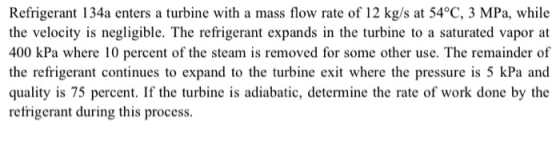 Refrigerant 134a enters a turbine with a mass flow rate of 12 kg/s at 54°C, 3 MPa, while the velocity is negligible. The refr