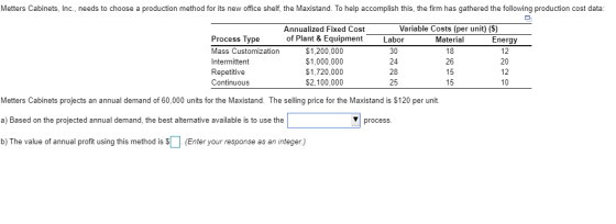 Metters Cabinets, Inc., needs to choose a production method for its new office shelf, the Maxistand. To help accomplish this,