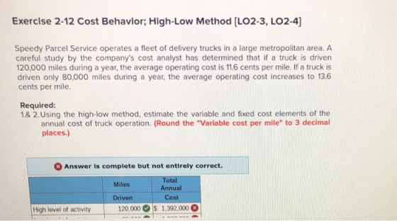 Exercise 2-12 Cost Behavior; High-Low Method [LO2-3, LO2-4) Speedy Parcel Service operates a fleet of delivery trucks in a la