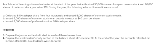 Ava School of Learning obtained a charter at the start of the year that authorized 50,000 shares of no-par common stock and 2