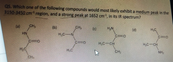 05. Which one of the following compounds would most likely exhibit a medium peak in the 3150-3450 cm region, and a strong pea