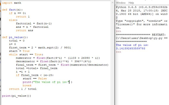 import math Window Help Python 3.6.5 (v3.6.5:f59c0932b 4, Mar 28 2018, 17:00:18) [MSC v.1900 64 bit (AMD64)] on win3 def fact