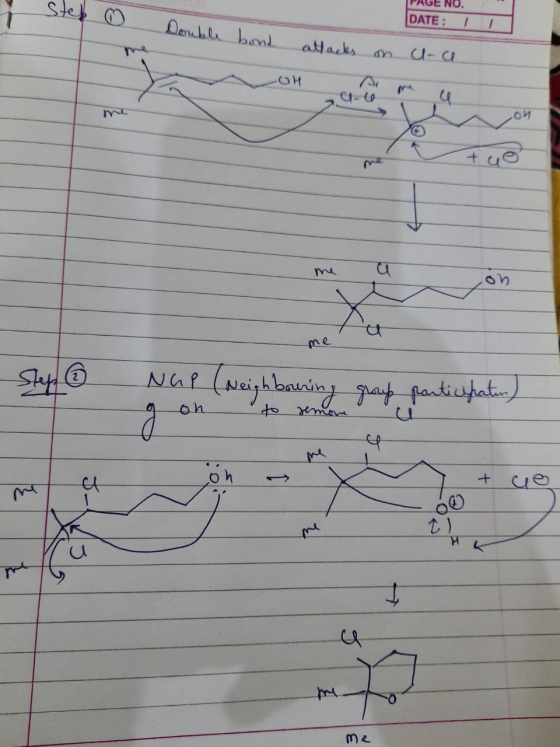 step PAGE NO. DATE: I Double bond attacks on cu ca Clo me Step 5 Nap? NGP (Neighbouring on to remove group participatin) u me