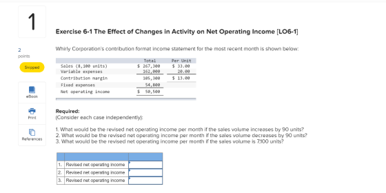 Exercise 6-1 The Effect of Changes in Activity on Net Operating Income (LO6-1) Whirly Corporations contribution format incom