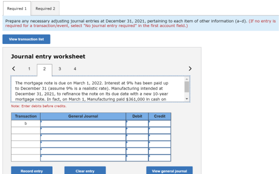 Required 1 Required 2 Prepare any necessary adjusting journal entries at December 31, 2021, pertaining to each item of other