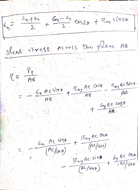 To out on to come and eas20 + Riny s?h28] - shear stress across the plane AB est May Be Sint En aesino AB sy Be ess 6. AB T I