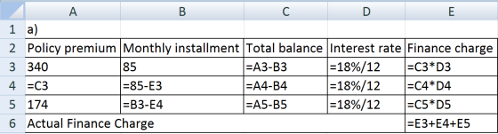 ДА В C D E 1 a) 2 Policy premium Monthly installment Total balance Interest rate Finance charge 3 340 85 =A3-B3 =18%/12 =C3*D