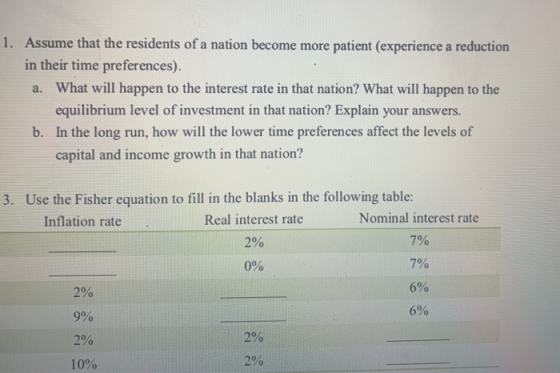 1. Assume that the residents of a nation become more patient (experience a reduction in their time preferences). a. What will