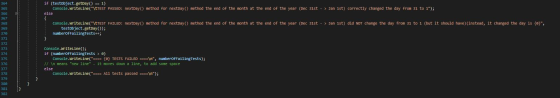 11 (LESLUU JELL.keludYU = 1) Console.WriteLine(\tTEST PASSED: nextDay else method for nextDay() method the end of the month