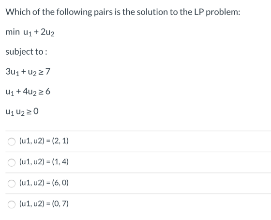 Which of the following pairs is the solution to the LP problem: min U1 + 2u2 subject to: 3u1+U227 U1+442 26 U1U220 o (u1, u2)