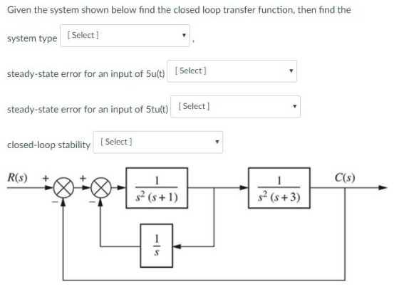 Given the system shown below find the closed loop transfer function, then find the system type Selectj steady-state error for an input of 5ut)Select] steady-state error for an input of5tt[Select 1 closed-loop stablity Select ] R(s) [Select ] 1 C(s) s2 (s+1) s2 (s +3)