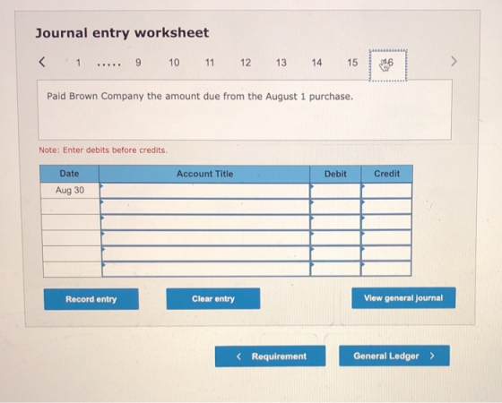 Journal entry worksheet < 1 ..... 9 10 11 12 13 14 15 1116 Paid Brown Company the amount due from the August 1 purchase. Note