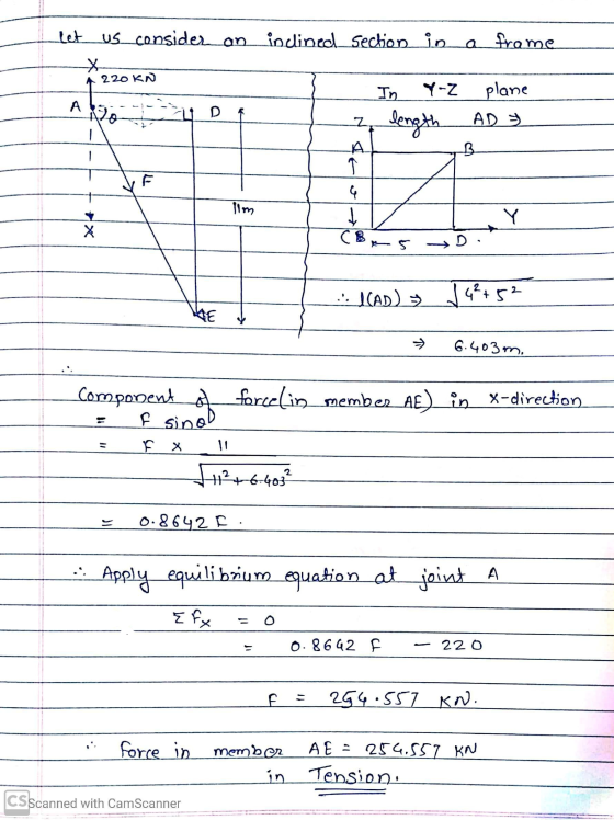Let us consider an inclined section in a frame X 220 KN In Y-Z plane A 7 length AD B - E G Y X Cors .:: IAD) 14+52 6.403m. Co