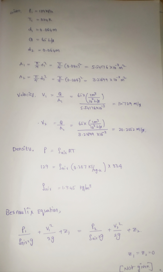 coiven, P. T 129 kPa 334K d =0.084 m a = 654 da = 0.064m. A = 77 22 7 1 1 C 0.08452 = 5.541768108 m2 A2 = 7 d ² = 1 (0-064)²