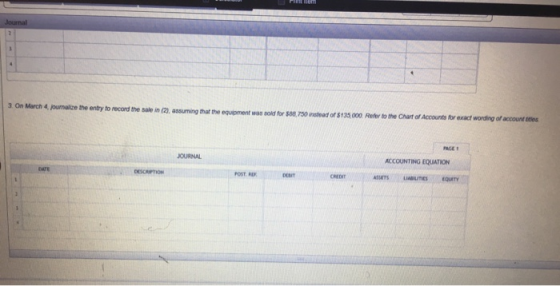 Journal 3. On March 4 journalize the entry to record the sale in (2), assuming that the equipment was sold for 500.750 instea
