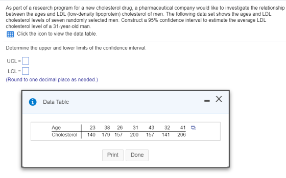 As part of a research program for a new cholesterol drug, a pharmaceutical company would like to investigate the relationship between the ages and LDL (low-density lipoprotein) cholesterol of men. The following data set shows the ages and LDL cholesterol levels of seven randomly selected men. Construct a 95% confidence interval to estimate the average LDL cholesterol level of a 31-year-old man. 囲Click the icon to view the data table. Determine the upper and lower limits of the confidence interval. UCL LCL Round to one decimal place as needed.) Data Table Age23 38 26 3 43 32 41 Cholesterol 140 179 157 200 157 141 206 Print Done