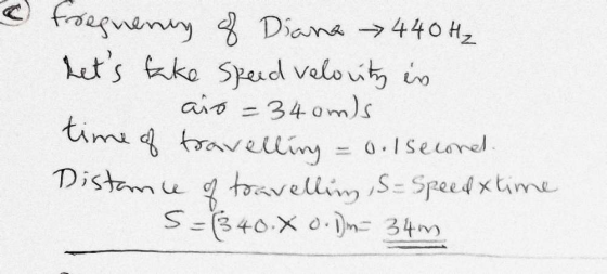 frequency of Diana 440 Hz hets take speed velocity in air = 34 oms time of travelling = o.1secored. Distance of travellin,