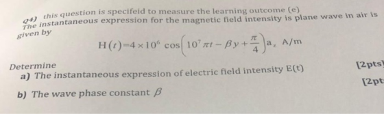 n is specifeid to measure the learning outcome (e) he instantaneous expression for the magnetic field intensity is plane wave