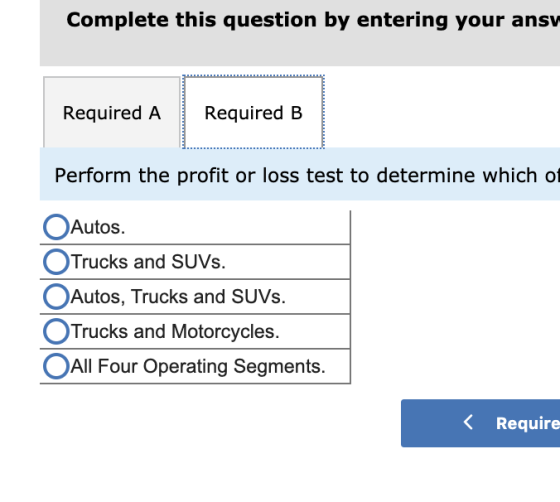 Complete this question by entering your ansv Required A Required B Perform the profit or loss test to determine which of Auto