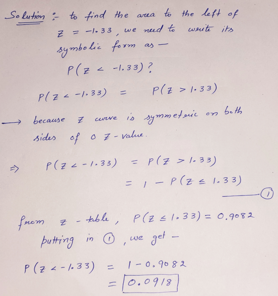 Z Solution; to find the area to the left of = -lo 33, we need to werite its symbolic form as - P(z -1.33)? P(Z <-/33) P(Z > 1