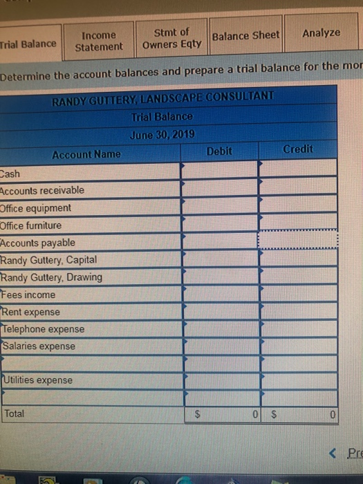 Analyze Trial Balance Income Statement Stmt of Balance Sheet Owners Eqty | Determine the account balances and prepare a trial