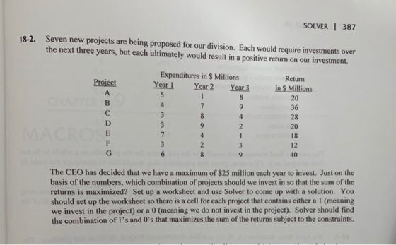 SOLVER | 387 18-2. Seven new projects are being proposed for our division. Each would require investments over the next three