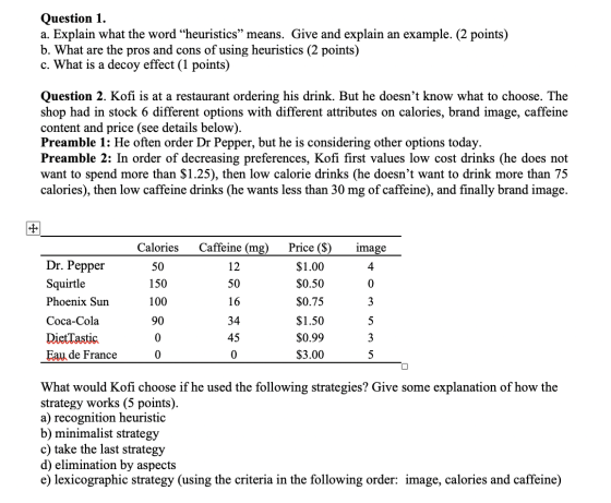 Question 1. a. Explain what the word “heuristics” means. Give and explain an example. (2 points) b. What are the pros and con