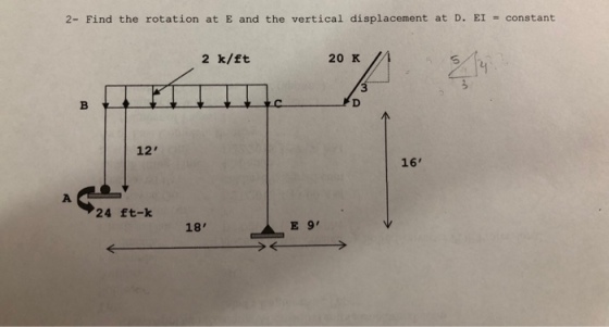 2- Find the rotation at E and the vertical displacement at D. EI -constant 2 k/ft 20 K /A 12 16 24 ft-k 18 E 9