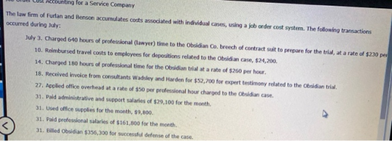 I Accounting for a Service Company The law firm of Furlan and Benson accumulates costs associated with individual cases, usin