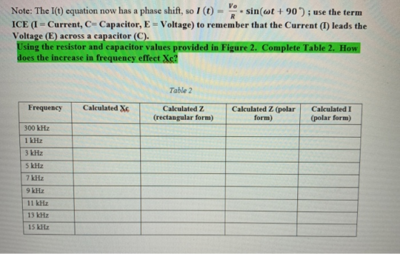 Note: The I(t) equation now has a phase shift, so I (t) = ** sin(wt +90); use the term ICE (1 = Current, C= Capacitor, E = Vo