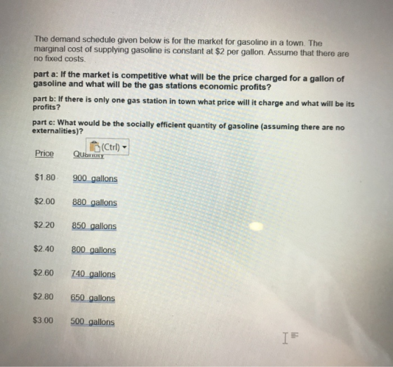 The demand schedule given below is for the market for gasoline in a town. The marginal cost of supplying gasoline is constant