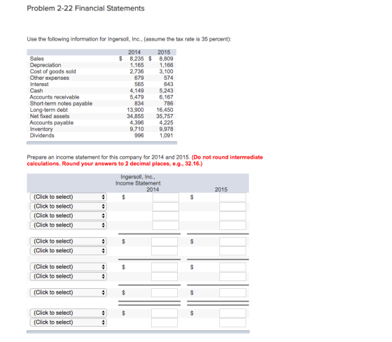 Problem 2-22 Financial Statements Use the following information for Ingersoll, Inc., (assume the tax rate is 35 percent): $ S
