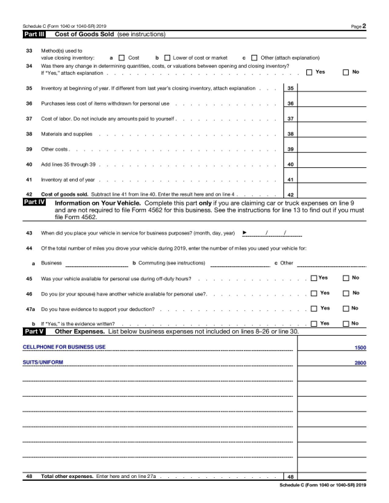 Page 2 Schedule C (Form 1040 or 1040-SR) 2019 Part III Cost of Goods Sold (see instructions) 33 Method(s) used to value closi
