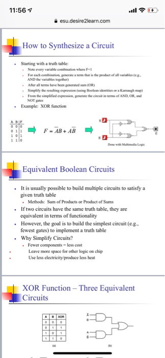 11:56 1 esu.desire2learn.com How to Synthesize a Circuit • Starting with a truth table: • Not every varie combination where F