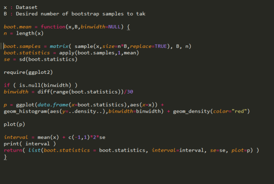 xDataset B Desired number of bootstrap samples to tak boot.meanfunction (x, B,binwidth-NULL) n length(x) boot.samples matrix