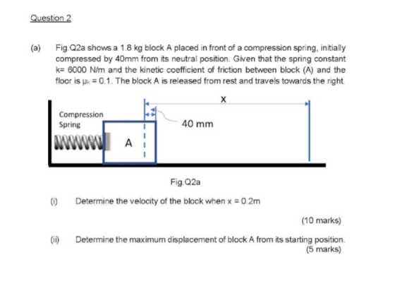 Question 2 (a) Fig. Q2a shows a 1.8 kg block A placed in front of a compression spring, initially compressed by 40mm from its