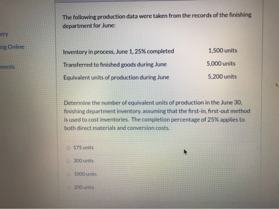 The following production data were taken from the records of the finishing department for June: ery ing Online 1,500 units In