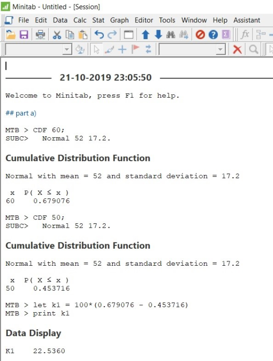 ..Minitab - Untitled - [Session] File Edit Data Calc Stat Graph Editor Tools Window Help Assistant Oxat 21-10-2019 23:05:50 –