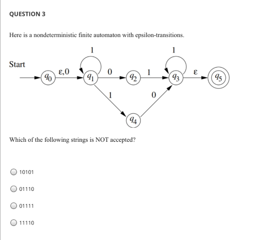 QUESTION 3 Here is a nondeterministic finite automaton with epsilon-transitions. 1 1 Start €,0 0 € 90 91 92 93 95 94 Which of