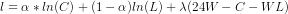I = a * In (C) + (1-0)ln ( L ) + λ(2411-C-II-L)