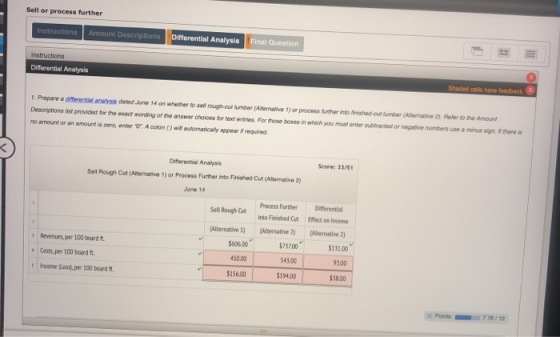 Sell or process further Instructions Amount Descriptions Differential Analysis Final Question Instructions Differential Analy