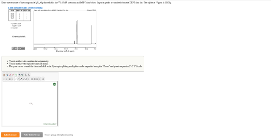 Draw the structure of the compound C6H1402 that exhibits the SC-NMR spectrum and DEPT data below. Impurity peaks are omitted