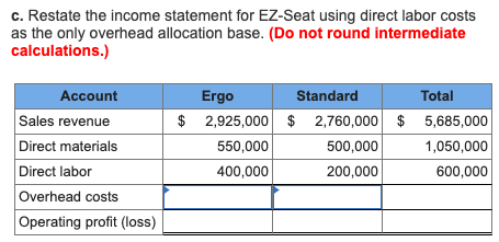 c. Restate the income statement for EZ-Seat using direct labor costs as the only overhead allocation base. (Do not round inte