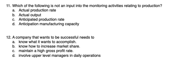 11. Which of the following is not an input into the monitoring activities relating to production? a. Actual production rate b